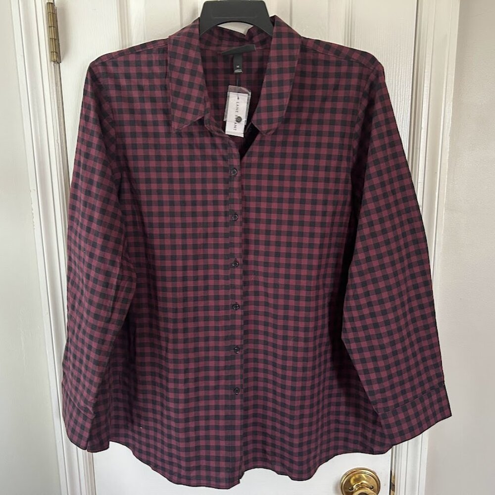 NWT Lane Bryant Top Size 24 Red Black Check Cotton Spandex Collar Cuffs Full Cut